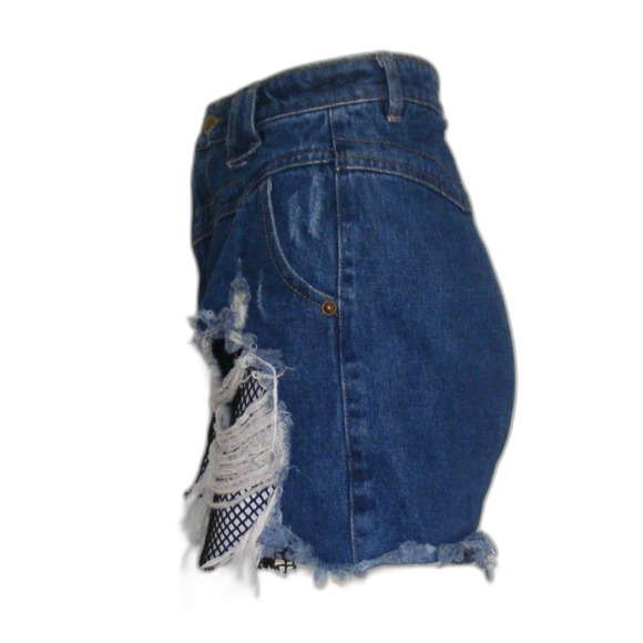 Nude Label Denim Shorts, L, Blue cut-offs, Fish net inserts, Distressed, Frayed - Picture 6 of 15